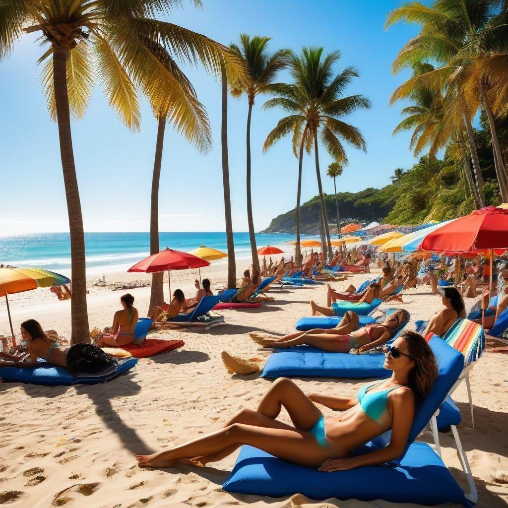 A vibrant beach scene showcasing a diverse group of stylish individuals wearing trendy nylon bikinis, surrounded by colorful beach umbrellas and sun loungers. The sun is shining brightly, casting playful shadows on the sand, while the ocean waves gently lap at the shore. Add tropical plants and a beach volleyball game in the background to convey a lively summer atmosphere. super-realistic. vibrant colors. bright blue sky.