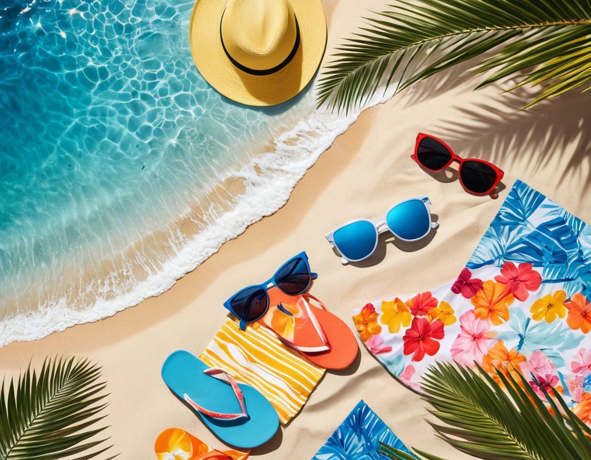 A stylish collage of trendy nylon swimwear displayed on sun-kissed sandy beaches, featuring vibrant patterns and chic designs. Include summer accessories like oversized sunglasses, beach towels, and colorful flip-flops, with a bright blue ocean and palm trees in the background. The scene should exude a warm, inviting summer vibe. super-realistic. vibrant colors. white background.